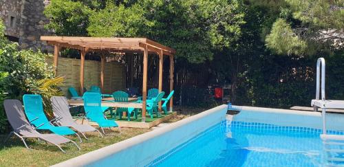 einen Pool mit Stühlen und einem Tisch neben einem Pool in der Unterkunft Location saisonnière in Coursan