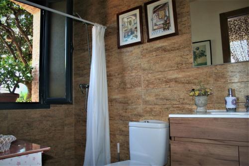 een badkamer met een douche, een toilet en een wastafel bij 25 de Abril in Santa Cruz de la Sierra