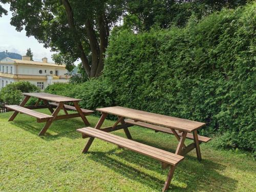 two wooden picnic tables sitting in the grass at Pension Family in Karlovy Vary