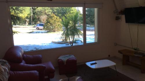 una sala de estar con una gran ventana con una palmera al aire libre en Misky Samay (Dulce Descanso) en Villa Ventana