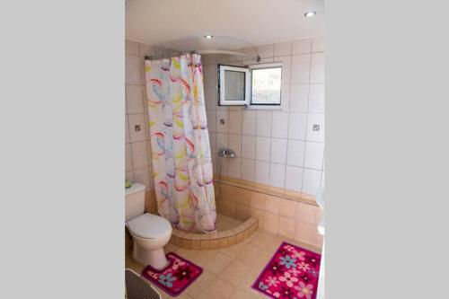 La salle de bains est pourvue d'un rideau de douche rose et de toilettes. dans l'établissement Efi's Home, à Zakharo