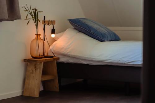 a bedroom with a bed with a blue pillow and a table at Hof Babel in Domburg