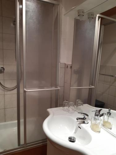 a bathroom with a sink and a shower at Ferienwohnung Weiß in Aue