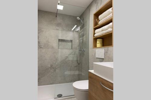 a bathroom with a shower and a toilet and a sink at STUDIO BELA in Radovljica