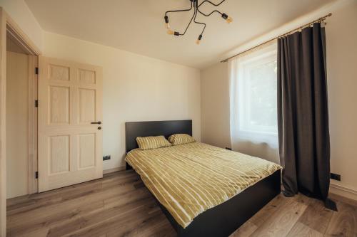 Schlafzimmer mit einem Bett und einem Fenster in der Unterkunft Poorbaltics Apartments in Liepāja