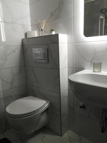 a white bathroom with a toilet and a sink at Apartman Alina Comfort in Banja Luka