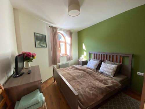 - une chambre avec un lit aux murs verts et une fenêtre dans l'établissement Family Apartment Tále, à Tale