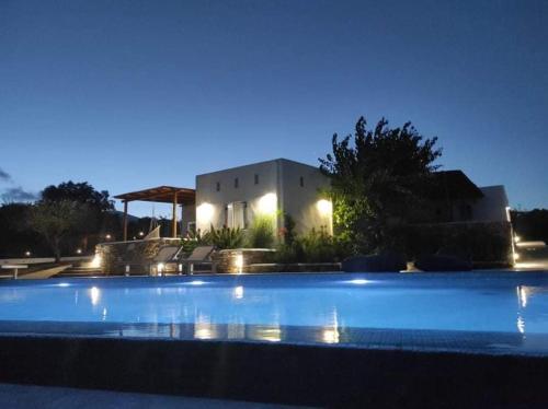 a swimming pool in front of a house at night at Andria's suites in Chrissi Akti