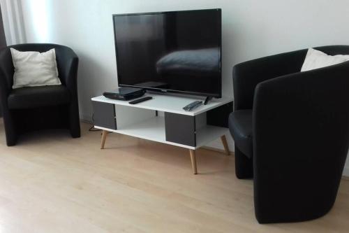 een woonkamer met 2 stoelen en een flatscreen-tv bij L'EUROPEEN - Conseil de l 'Europe - à 5 minutes du Centre ville - Homeoffice in Straatsburg