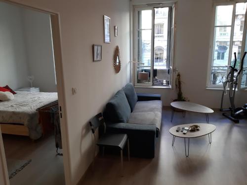 un salon avec un canapé, un lit et une table dans l'établissement Magnifique logement entier T2 vieux port, à Marseille