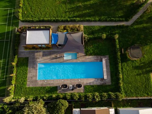 an overhead view of a swimming pool in a yard at Three on Wilson in Martinborough 