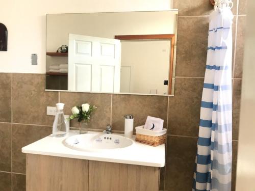 a bathroom with a sink and a mirror at Capitan Max B&B in Puerto Ayora