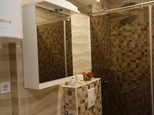 y baño con ducha, espejo y lavamanos. en Apartment Mona, en Podgorica
