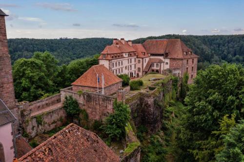 a large castle on top of a hill with trees at Maison Privilège Nature à La Petite Pierre in La Petite-Pierre