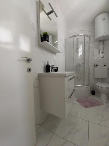 a white bathroom with a shower and a toilet at Apartman Sara in Preko