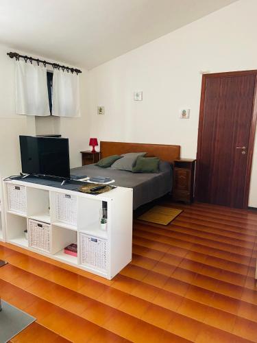 1 dormitorio con 1 cama y escritorio con TV en La Betulla, en Rivanazzano Terme