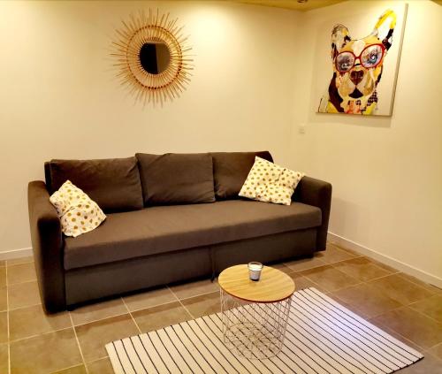 a living room with a brown couch and a table at Studio Montpellier écusson in Montpellier