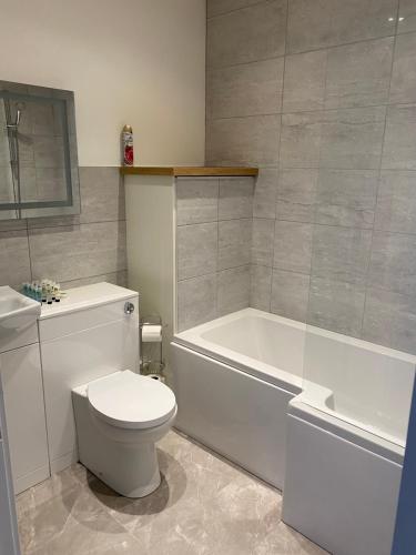 a bathroom with a toilet and a tub and a sink at APARTMENT 7, THE CATHEDRAL VIEW in Truro