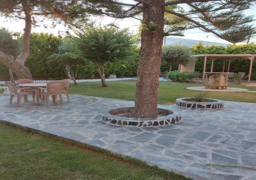 a patio with a table and chairs and a tree at The Santo George Beach Resort in Amoudara Herakliou