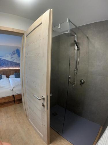 a bathroom with a shower with a glass door at Mas dei Masi in Cavalese