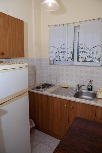 a kitchen with a sink and a counter top at Hotel Loula Rooms and Apartments in Kamena Vourla