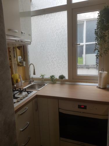 a kitchen with a sink and a window at ApartHotel Marasesti in Suceava