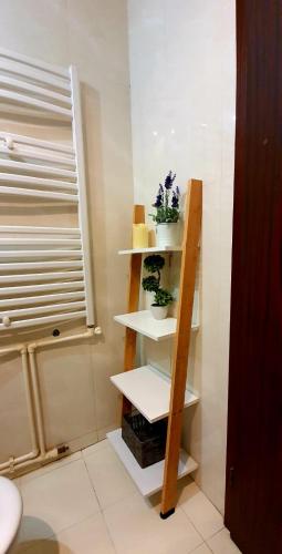 a shelf in a bathroom with some plants on it at ApartHotel Marasesti in Suceava