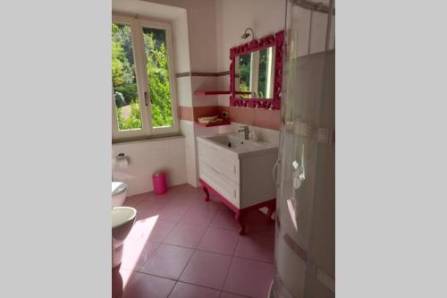 bagno con lavandino, servizi igienici e specchio di La casa del marchese Malaspina a Mulazzo