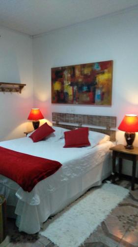 a bedroom with a bed with red pillows and two lamps at Pouso do Manu in Tiradentes