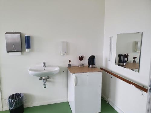 a white bathroom with a sink and a mirror at Arena Assens in Assens