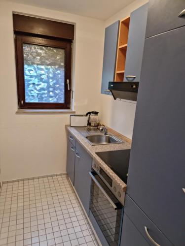 a small kitchen with a sink and a window at Citywohnung Tettnang in Tettnang