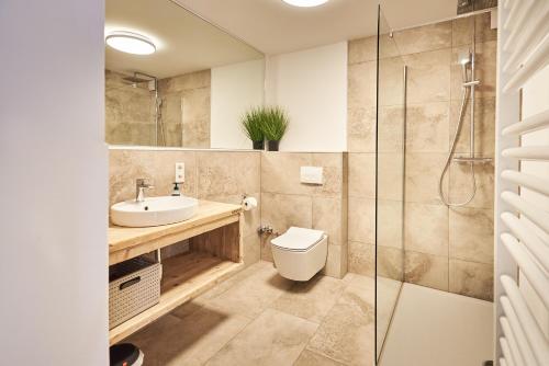 ein Bad mit einem WC, einem Waschbecken und einer Dusche in der Unterkunft Smart Resorts Haus Saphir Ferienwohnung 507 in Winterberg