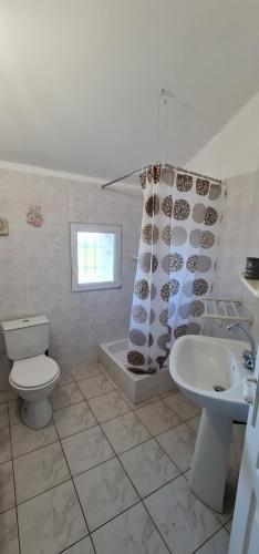 une salle de bain avec toilettes, lavabo et rideau de douche dans l'établissement Mas 9 Personnes avec piscine, à Jonquières