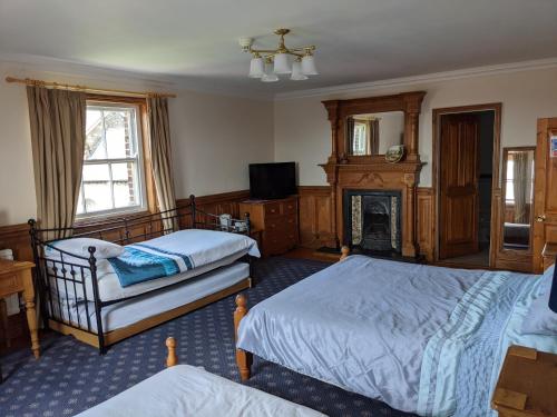 a bedroom with two beds and a fireplace at The Londesborough Arms bar with en-suite rooms in Market Weighton