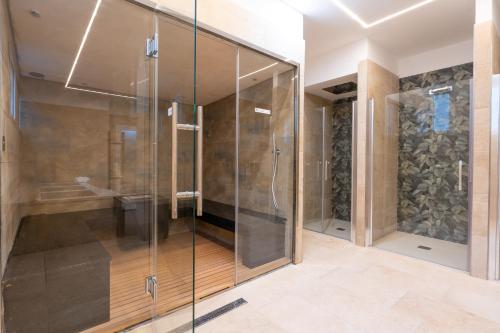 a glass shower in a bathroom with a toilet at Horizon Hotel Badesi in Badesi
