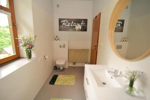 a bathroom with a sink and a mirror at OVCA Apartament in Piechowice