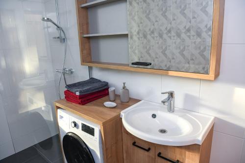 La salle de bains est pourvue d'un lavabo et d'un lave-linge. dans l'établissement Zagorski Apartment 2, à Kuressaare