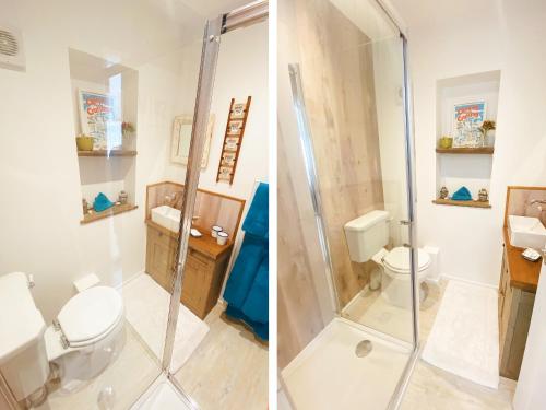 a bathroom with a shower and a toilet at The Hideout in Chichester