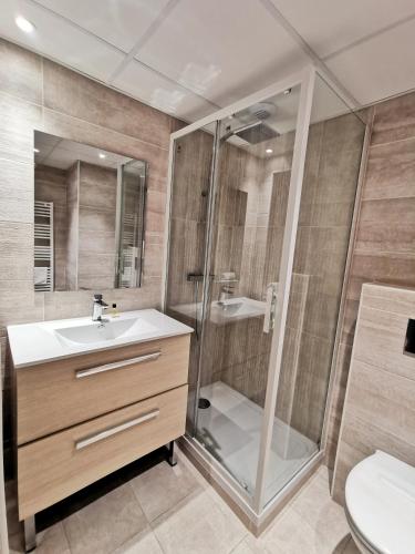 une salle de bain avec une douche, un lavabo et des toilettes dans l'établissement Terres de France - Domaine du Palais, à Saint-Lizier