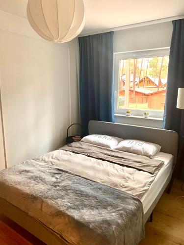 a bedroom with a large bed with a window at Apartament LEA in Międzywodzie