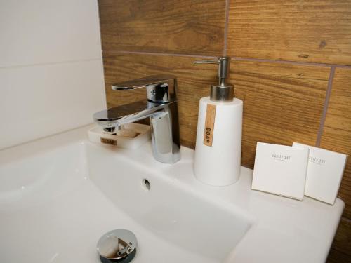 a bathroom sink with a soap dispenser on it at Apartmánový dům 13 Rodinný in Seč