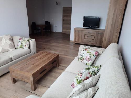 a living room with two couches and a coffee table at Hostel Grębocin in Grębocin