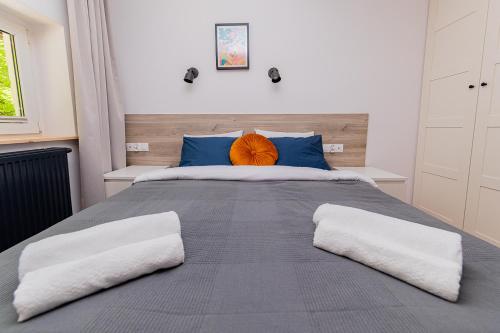a bedroom with a bed with two pillows on it at Hostel Szczelinka in Pasterka