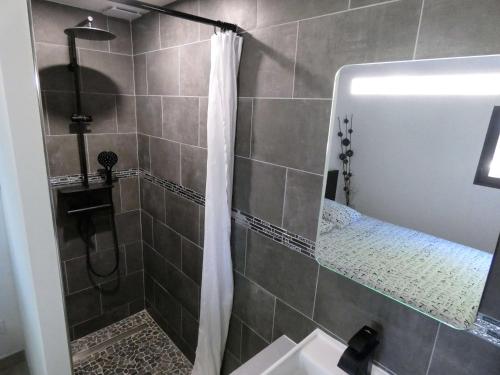 ein Bad mit Dusche und Duschvorhang in der Unterkunft Proche Lac du Salagou, Chambre agréable avec salle d'eau et WC privé in Lacoste