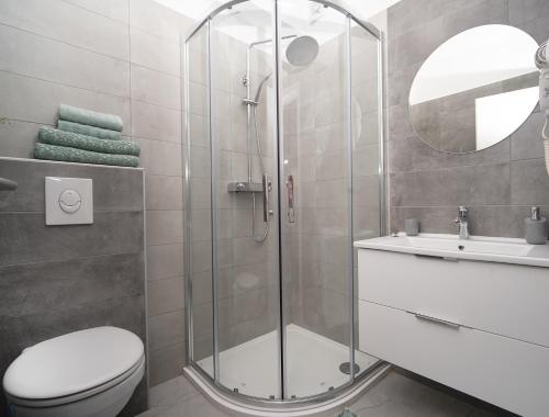 a bathroom with a shower and a toilet and a sink at Villa Apartments Lela in Rabac