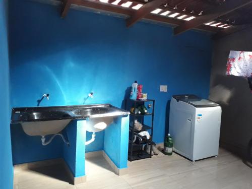 baño con lavabo y pared azul en Casa da Vila de São Jorge en Alto Paraíso de Goiás