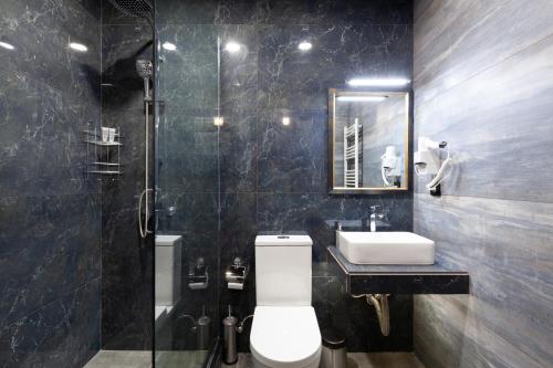 W łazience znajduje się toaleta, umywalka i prysznic. w obiekcie Irina's Apartments w Kutaisi