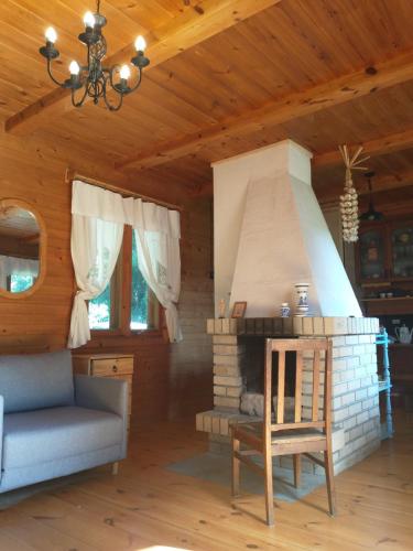 sala de estar con chimenea y silla en Chabrowa Chatka en Supraśl