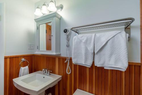 uma casa de banho com um lavatório branco e um espelho. em Placid Bay Hotel em Lake Placid