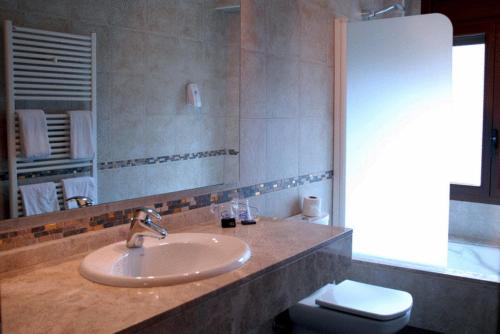 a bathroom with a sink and a toilet and a mirror at Hotel De Rei in Llavorsí